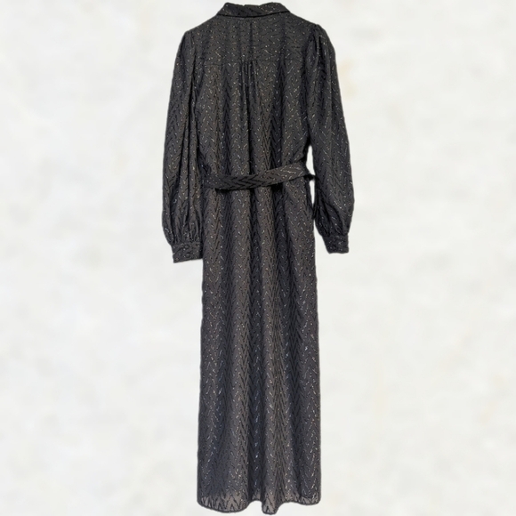 Zara Metallic Tinsel Chevron Balloon Sleeves Button Down Collar Midi Dress sz M - Picture 4 of 16